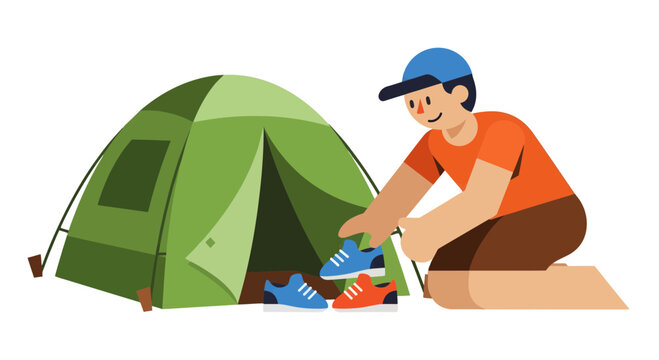 Camping Activities: A Person Organizing Shoes Outside A Green Tent On Black Background
