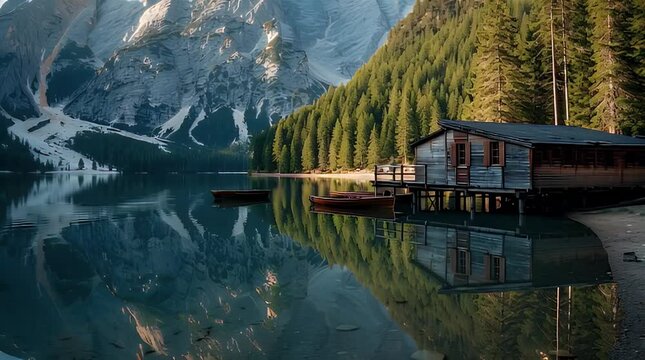 Rustic Boathouse on Tranquil Lago di Braies