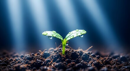 Young sprout emerging from soil bathed in beams of sunlight
