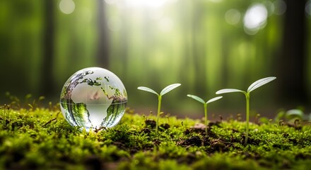 Crystal earth globe with new seedlings growing in a lush green forest