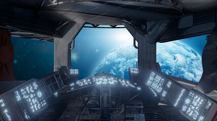 Spaceship Cockpit Interior with View of Earth and Stars Through Window - Sci-Fi Space Travel 3d render © de Art