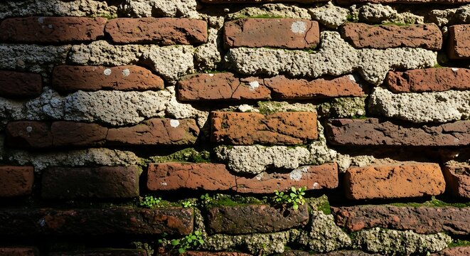 Weathered red bricks and rough mortar form a textured wall. - Powered by Adobe