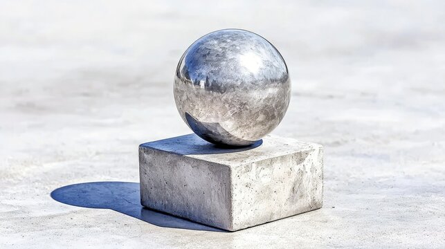 A shiny, reflective metal sphere is balanced on top of a rough concrete cube, creating a striking contrast of materials and textures.