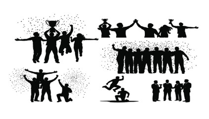 Team celebration silhouette, trophy holding, business unity, jumping joy, confetti moment, cad drawing flat vector illustration, black and white art