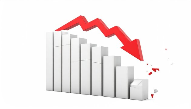 A downward trend in a financial graph with a red arrow showing a decreasing trend, symbolizing economic recession