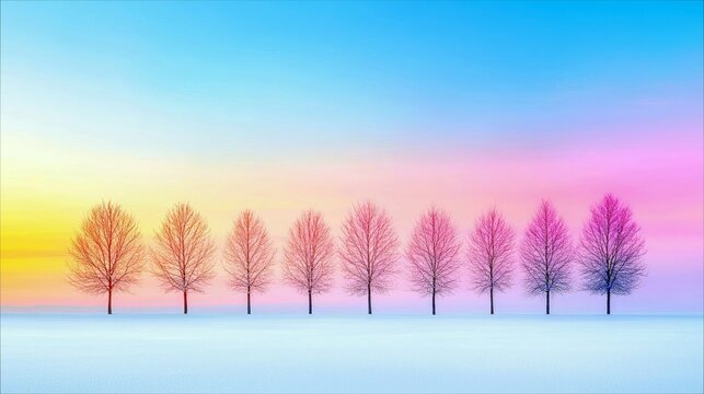 A line of bare trees stands against a surreal sky transitioning from yellow and pink to blue.