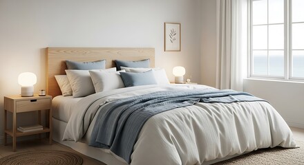 Fototapeta premium Cozy bedroom with a wooden headboard and ocean view.
