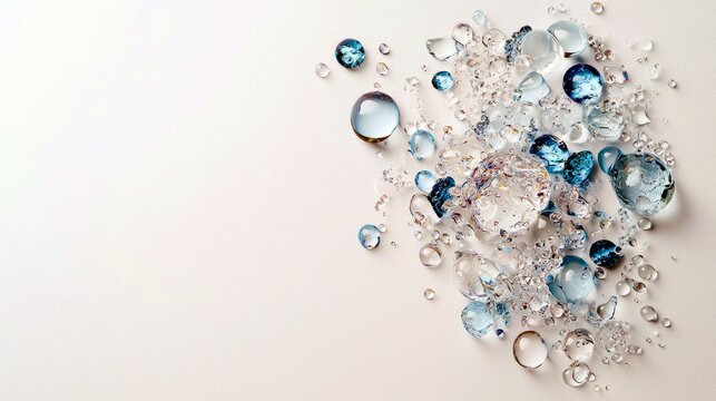 A collection of variously sized blue and clear glass beads and water droplets are scattered across a white surface.