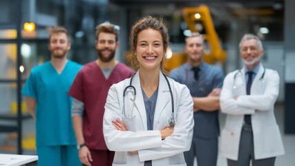 Smiling female doctor leads diverse medical team in modern hospital - Powered by Adobe