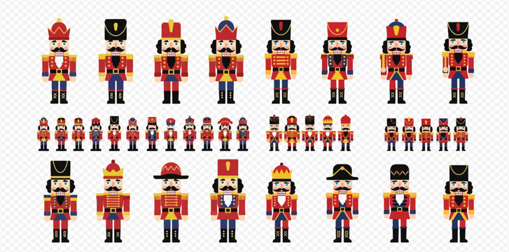 A collection of pixelated nutcracker figures in various designs and colors, arranged in rows on a transparent background.