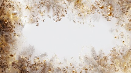 Opulent Gold Winter Border with Frosted Pine, Fairy Lights and Ornaments, Clean Copy Space
