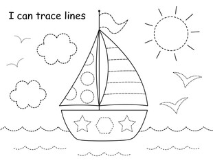 trace and color worksheet for kids, line tracing practice with a sailboat and lots of shapes. Printable on 8.5 x 11 inch paper. Exclusive on Adobe Stock.