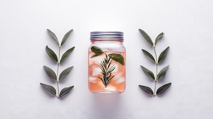 A mason jar filled with a pink beverage, ice cubes, rosemary, and sage, is symmetrically placed between two olive branches.