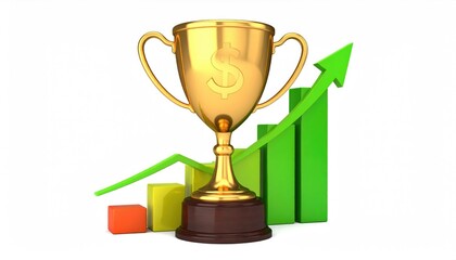 A golden trophy symbolizes success and financial growth, with upward-trending bar graphs enhancing the visual message. This composition represents achievement, and financial success.