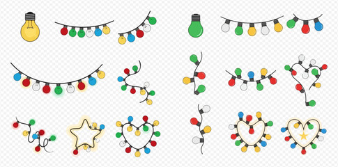 Illustration of colorful Christmas lights in various shapes and arrangements.