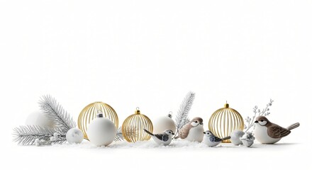 Elegant Christmas holiday border with white and gold ornaments and decorative birds