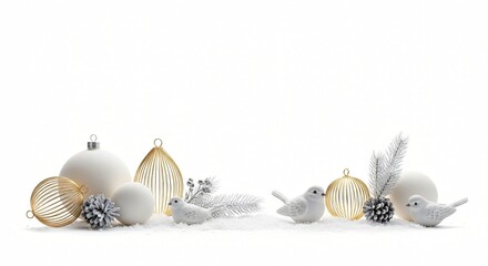 Elegant white and gold Christmas decorations with birds and ornaments for festive holiday wishes