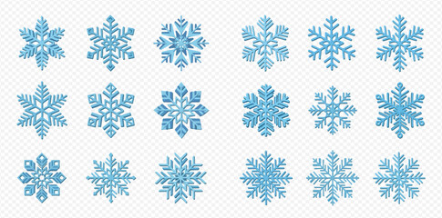 A collection of intricately designed blue snowflakes on a transparent background, perfect for winter-themed designs and holiday graphics.