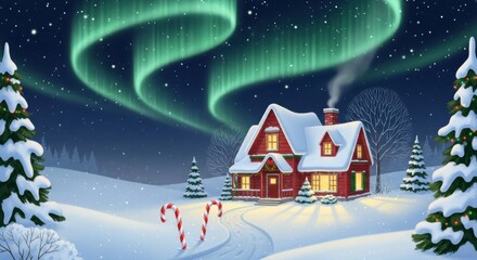 Naklejka premium Christmas Cottage Aurora: Red House Under Northern Lights in Snowy Winter Landscape for Holiday Card.