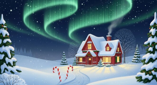 Christmas Cottage Aurora: Red House Under Northern Lights in Snowy Winter Landscape for Holiday Card.