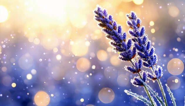 Two lavender sprigs covered in dew drops are illuminated by soft golden light, creating a magical bokeh effect. - Powered by Adobe