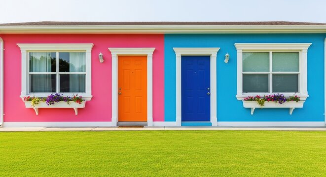 Vibrant Housing Contrast: Symmetrical Duplex in Pink and Blue with Opposing Colored Doors for Choice Concept. - Powered by Adobe