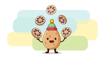 Fototapeta premium Cheerful Vegetable Illustration of Potato Juggling Sliced Lotus Root with Colorful Hat