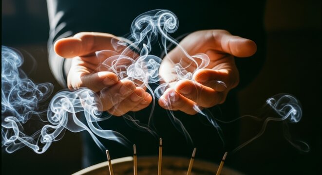 Mystical hands enveloped by fragrant incense smoke creating a serene and spiritual atmosphere
