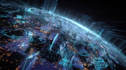 A futuristic digital representation of Earth, showcasing vibrant lights and data streams, symbolizing technology and interconnectedness.