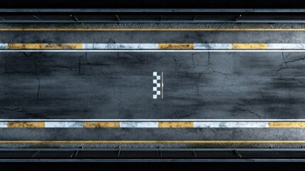 Aerial view of a race track featuring a checkered finish line, surrounded by worn asphalt and marked lanes.
