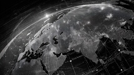A stylized, digital representation of Earth, showcasing a network of lights and data points, symbolizing global connectivity and technology.