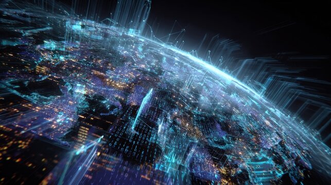 A futuristic digital representation of Earth, showcasing vibrant lights and data streams, symbolizing technology and interconnectedness.