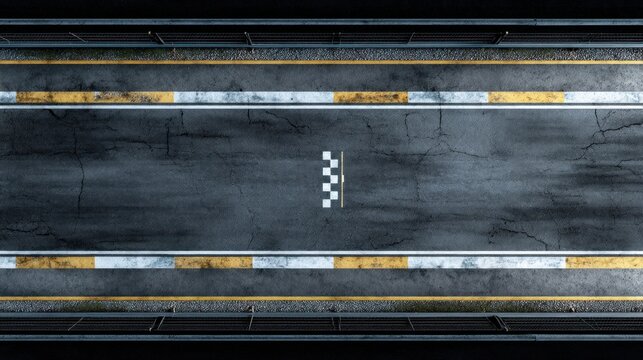 Aerial view of a race track featuring a checkered finish line, surrounded by worn asphalt and marked lanes.
