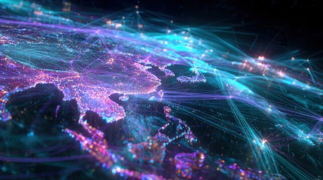 A vibrant, abstract digital representation of Asia with colorful light trails indicating data flow and connectivity across the region.
