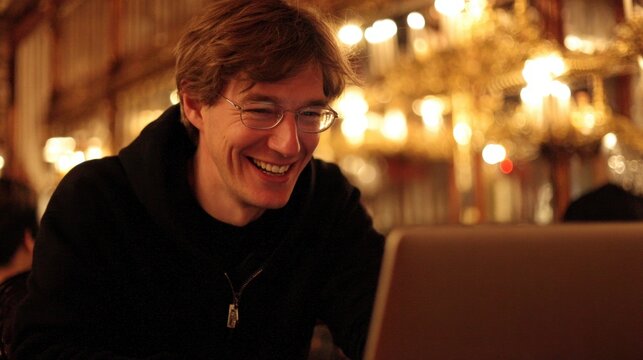 Man laughing while looking at his laptop in cafe. Cozy, inviting mood to casual scene