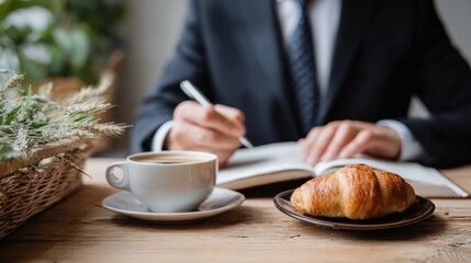 Businessman writing in notebook at cafe table with coffee and croissant. Close-up composition with calm workspace