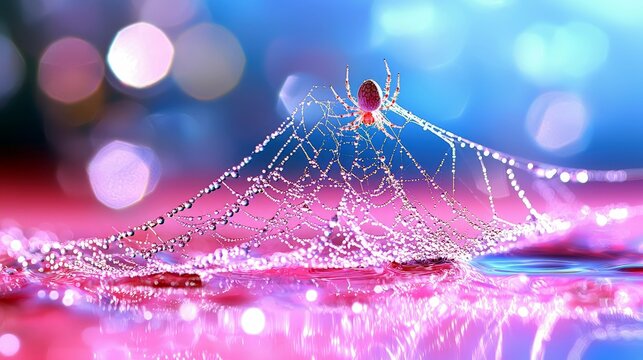 A spider sits on a delicate spiderweb covered in glistening water droplets, set against a soft, blurred background of pink and blue.