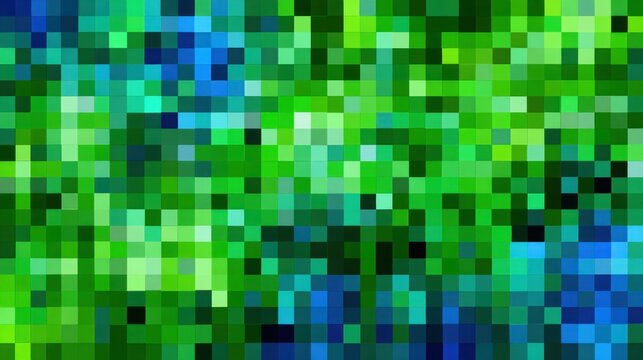A vibrant mosaic of green and blue squares, creating a dynamic and abstract pattern reminiscent of foliage or underwater scenes.
