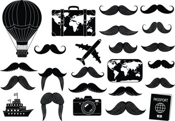 Travel icons and mustache silhouettes collection for adventure, tourism, fashion, and cultural themes in black vector style illustration set.