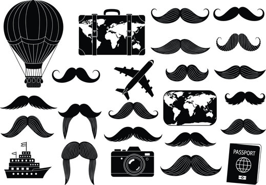 Travel icons and mustache silhouettes collection for adventure, tourism, fashion, and cultural themes in black vector style illustration set.