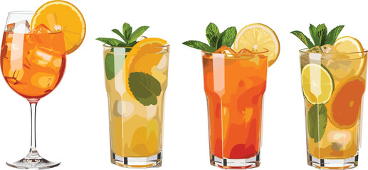 Vector collection of refreshing summer cocktails, aperol spritz, mojito, iced tea, mint garnish, isolated on white