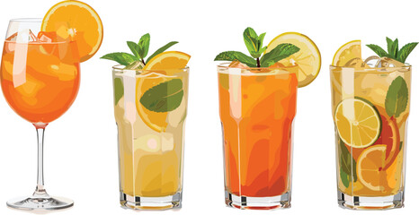 Vector collection of summer cocktails, aperol spritz, iced tea, mojito, mint, lemon, orange garnish, isolated