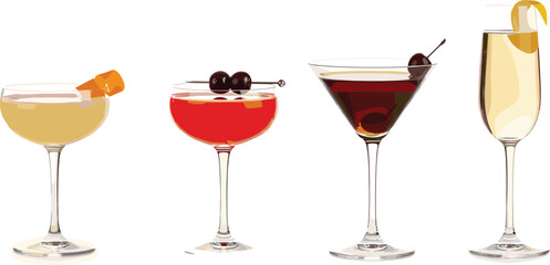 Vector set of classic cocktails, martini, champagne, coupe glass with garnish, isolated on white background