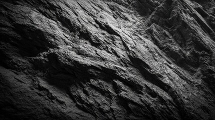 Naklejka premium A textured black rock surface with intricate patterns and shadows, highlighting natural geological formations in a monochromatic style.