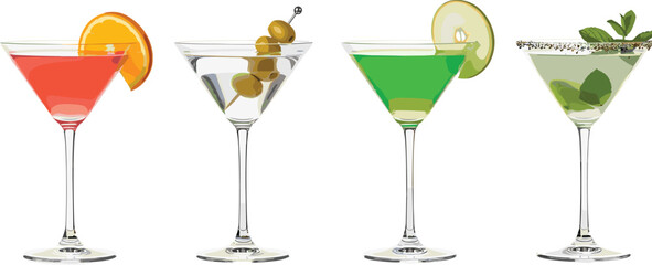 Vector set of classic cocktails, cosmopolitan, martini with olive, appletini, mint drink, isolated on white