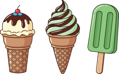 Vector set of cartoon ice creams, mint soft serve, vanilla cone with cherry, green popsicle