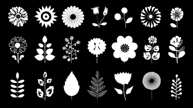 A collection of various white floral and botanical illustrations on a black background, showcasing diverse flower designs and leaf shapes.