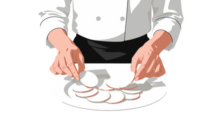 Chef Precisely Arranges Sliced Food On Plate In Culinary Art Presentation.