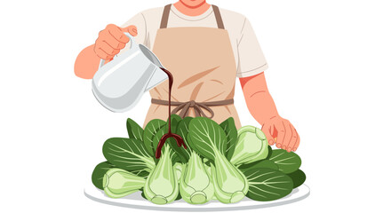 Chef Prepares Bok Choy Dish with Dark Sauce Poured from White Pitcher