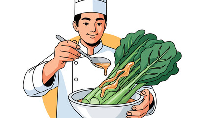 Chef Plating Exquisite Dish Of Fresh Green Vegetables With Delicious Sauce